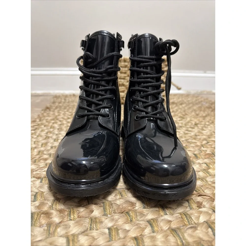 Michael Kors Tavie Rain Boots Black Patent Waterproof Combat Boots Womens‎ 7